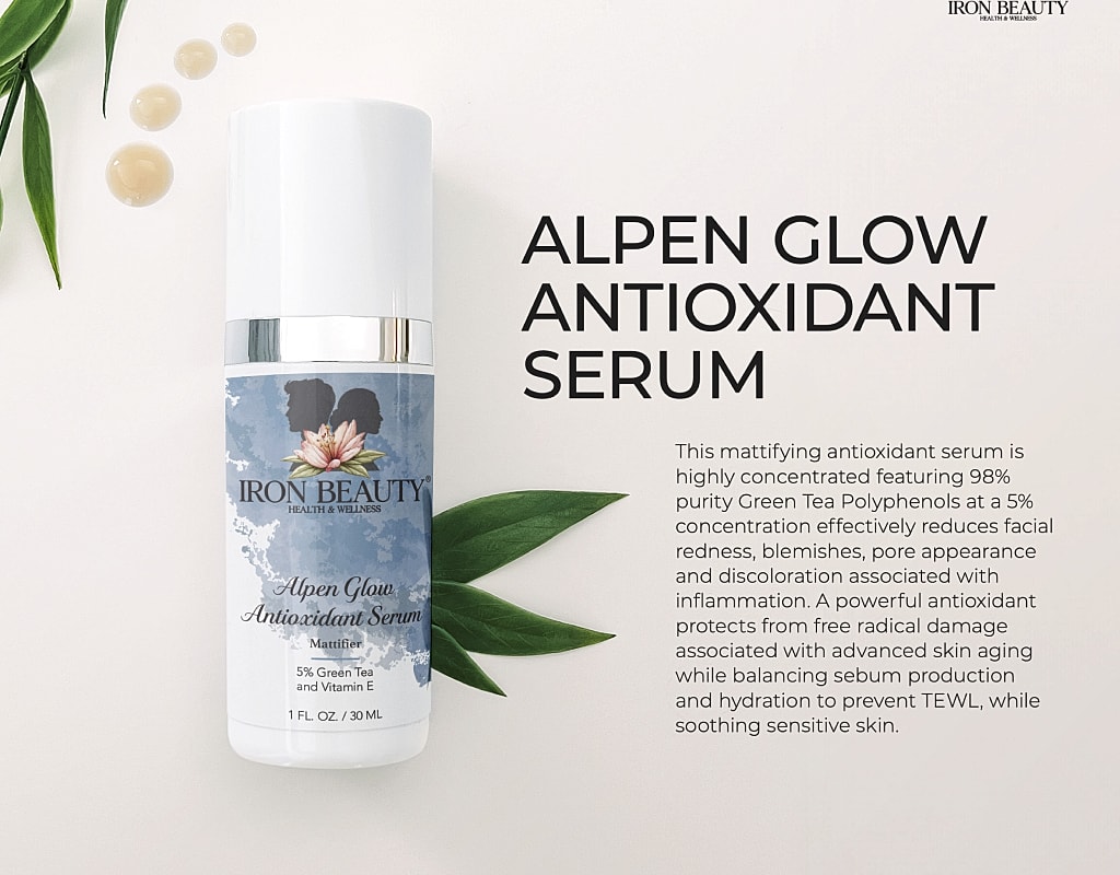 Alpen Glow Antioxidant Serum bottle with description.