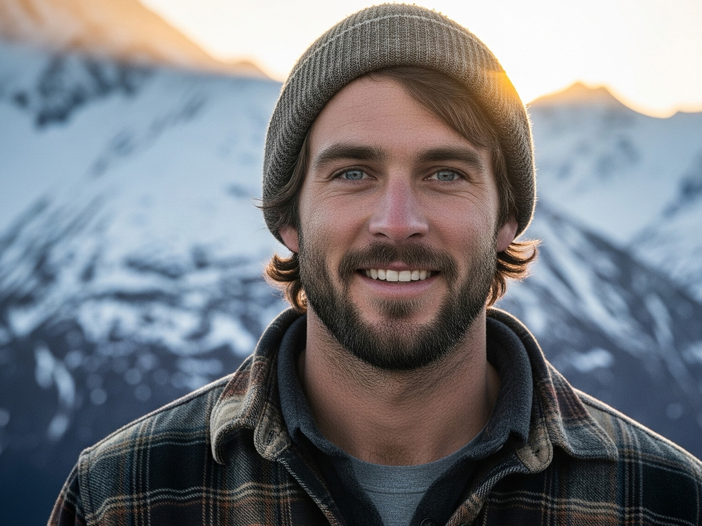 Man smiling in mountain landscape at sunset.